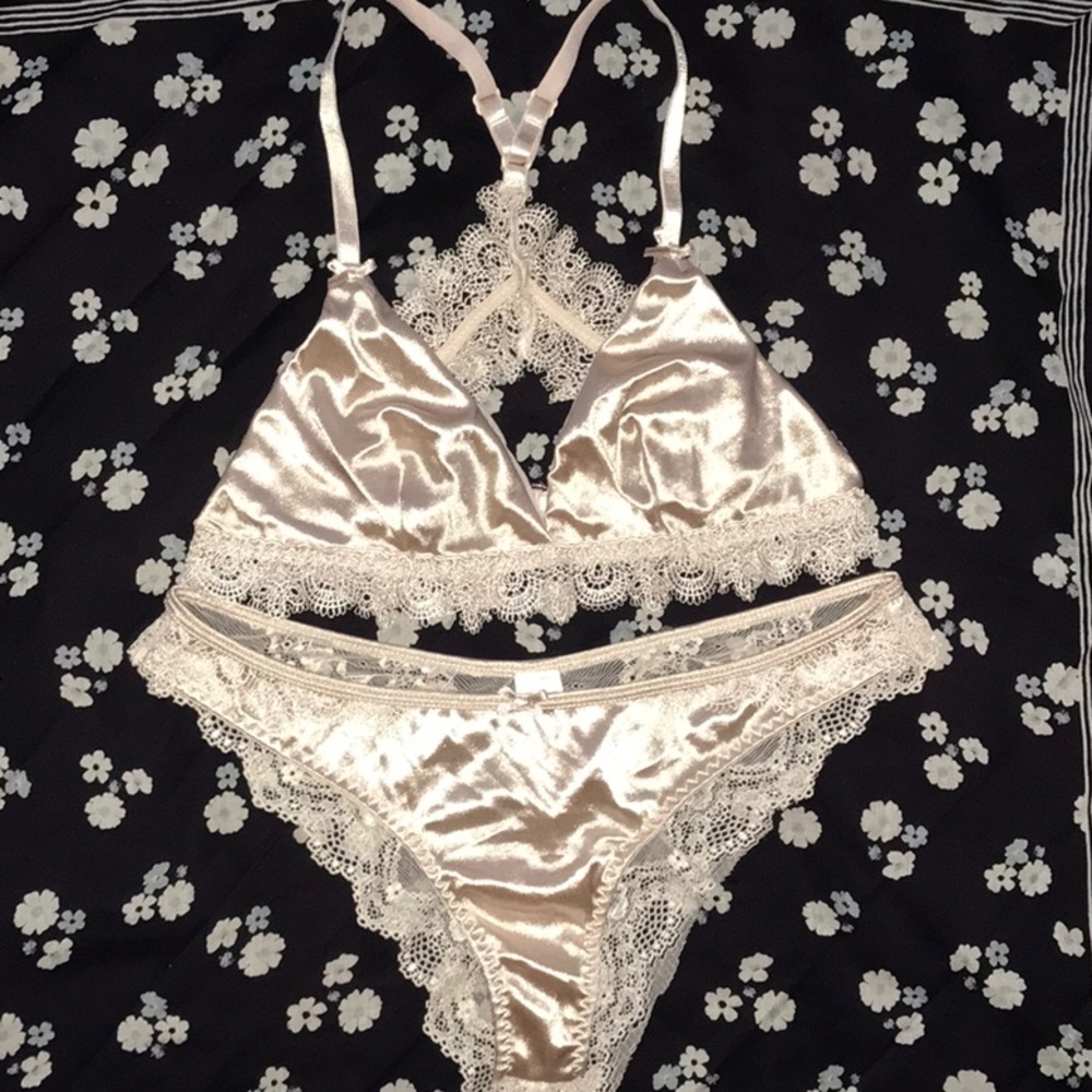 Light bronze satin and lace sexy bra and panty